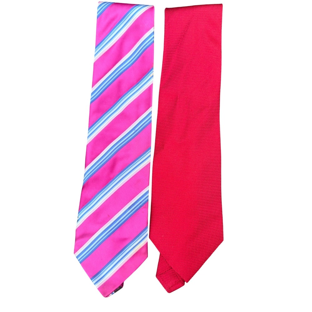 Bachrach Tie Lot Mens Red Silk Textured Pink Blue Stripe Made in Italy 2pc NWT